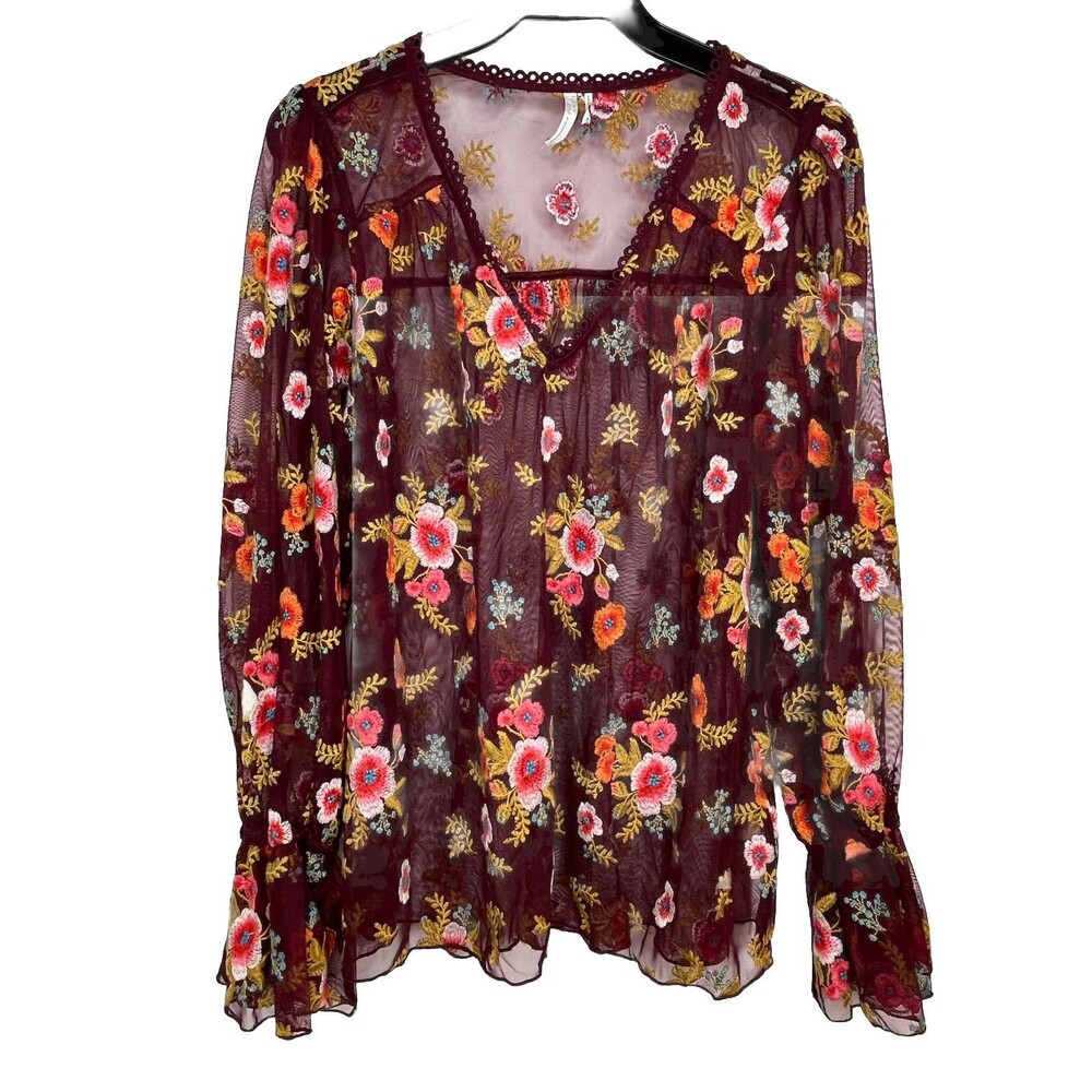 Anthropologie Feather Bone Embroidered Ruffled Sheer Giralda Blouse Sz L Granny